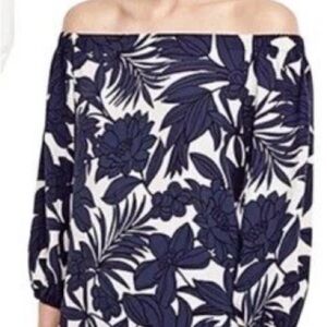 Ann Taylor Navy Blue White Tropical Floral Off-Shoulder Blouse 3/4 Sleeve Top